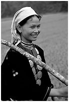 Hilltribeswoman with traditional necklace, Ba Be Lake. Vietnam ( black and white)