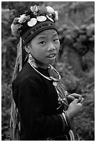 Boy of the Black Dzao minority wearing a hat with three decorative coins, between Tam Duong and Sapa. Vietnam ( black and white)