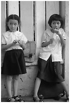 Uniformed junior school girls, Ho Chi Minh city. Vietnam ( black and white)