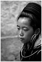 Black Hmong girl in everyday ethnic dress, Sapa. Vietnam ( black and white)