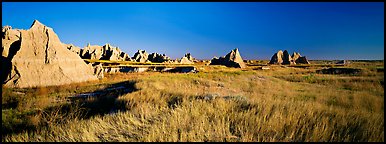 Badlands raising in tall grass prairie landscape. Badlands National Park (Panoramic color)