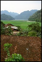 Thatched Roofs of Pac Ngoi village and fields. Northeast Vietnam