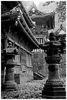 Urns, pavilion, and main hall in Tosho-gu Shrine. Nikko, Japan ( black and white)