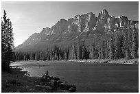 Castle Mountain and the Bow River, late afternoon. Banff National Park, Canadian Rockies, Alberta, Canada (black and white)
