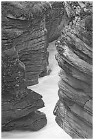 Narrow canyon at the base of Athabasca Falls. Jasper National Park, Canadian Rockies, Alberta, Canada (black and white)