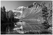 Mt Edith Cavell and  Cavell Lake from the footbrige, early morning. Jasper National Park, Canadian Rockies, Alberta, Canada (black and white)