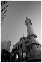 Nancheng Mosque built recently, a hybrid of white-tiled high rise with a mosque's green onion domes. Kunming, Yunnan, China (black and white)