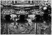 Reflections on altar table top, Wen Wu temple. Sun Moon Lake, Taiwan (black and white)