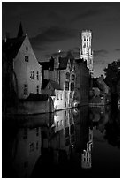 Old houses and belfry Quai des Rosaires, night. Bruges, Belgium ( black and white)