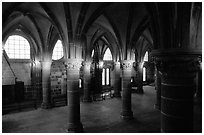 Hall of the knights inside the Benedictine abbey. Mont Saint-Michel, Brittany, France ( black and white)