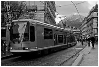Electric Tramway on downtown street. Grenoble, France ( black and white)