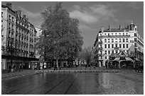 Basin and pedestrian area. Lyon, France ( black and white)