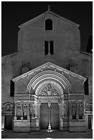 Facade of the Saint Trophimus church at night. Arles, Provence, France ( black and white)