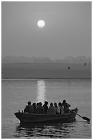 Boat on the Ganges River at sunrise. Varanasi, Uttar Pradesh, India (black and white)
