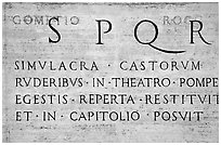 Inscription in Latin with the SPQR letters of the Ancient Roman Empire. Rome, Lazio, Italy ( black and white)