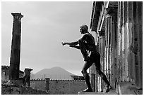 Statue of Apollon, Temple, and Mt Vesuvius. Pompeii, Campania, Italy (black and white)