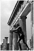 Statue and temple of Apollon. Pompeii, Campania, Italy (black and white)