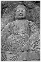 Seated Seokgayeorae rock carving, Namsan Mountain. Gyeongju, South Korea (black and white)