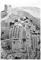 Fortified walls of the Mar Saba Monastery. West Bank, Occupied Territories (Israel) (black and white)
