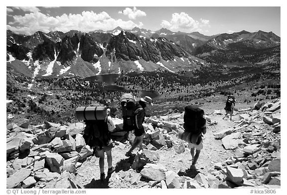 Backpackers below Kearsarge Pass. Kings Canyon National Park (black and white)