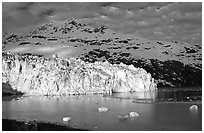 Lamplugh tidewater glacier and Mt Cooper. Glacier Bay National Park, Alaska, USA. (black and white)