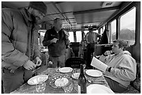 Appetizer served in the main cabin of the Kahsteen. Glacier Bay National Park, Alaska, USA. (black and white)