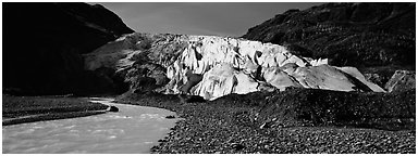 Glacial stream and Exit Glacier, 2000. Kenai Fjords National Park (Panoramic black and white)