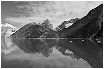 North side of fjord and reflections, Northwestern Fjord. Kenai Fjords National Park, Alaska, USA. (black and white)