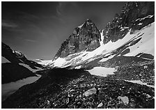 Moraine, neves, and rocky peaks, Telaquana Mountains. Lake Clark National Park, Alaska, USA. (black and white)