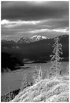 Chitina river under dark clouds. Wrangell-St Elias National Park, Alaska, USA. (black and white)