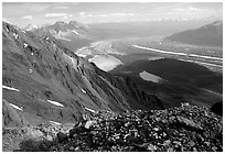 Mountain landscape with glacier seen from above. Wrangell-St Elias National Park, Alaska, USA. (black and white)