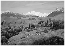 Mt Wrangell and Root Glacier moraines seen from Kenicott. Wrangell-St Elias National Park, Alaska, USA. (black and white)