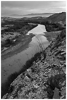 Rio Grande River and Sierra de San Vicente mountains, sunset. Big Bend National Park ( black and white)