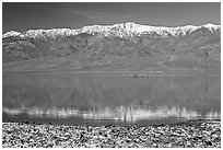 Panamint Range, salt formations, and Manly Lake with Loch Ness Monster. Death Valley National Park, California, USA. (black and white)