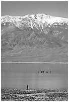 Tourist, ephemeral Loch Ness Monster in Manly Lake, and Telescope Peak. Death Valley National Park, California, USA. (black and white)