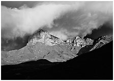 El Capitan and low clouds at sunrise. Guadalupe Mountains National Park ( black and white)