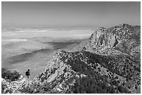 Park visitor looking, Guadalupe Peak. Guadalupe Mountains National Park ( black and white)