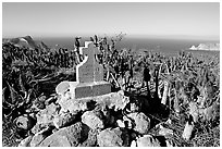Monument commemorating Juan Rodriguez Cabrillo's landing on  island in 1542, San Miguel Island. Channel Islands National Park ( black and white)