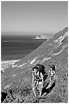 Backpackers in Nidever canyon , San Miguel Island. Channel Islands National Park ( black and white)