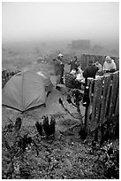 Campers in fog, San Miguel Island. Channel Islands National Park ( black and white)