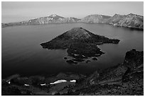 Wizard Island and Lake at dusk. Crater Lake National Park ( black and white)