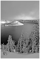 Lake and Wizard Island, winter sunrise. Crater Lake National Park ( black and white)