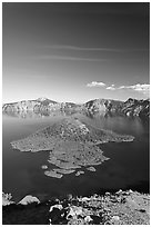 Skell Channel and Wizard Island. Crater Lake National Park, Oregon, USA. (black and white)