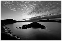 Crater Lake and Wizard Island, sunrise. Crater Lake National Park ( black and white)