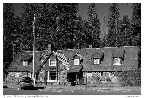 Main crater lake visitor Center. Crater Lake National Park (black and white)
