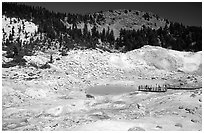 Colorful deposits and turquoise pool in Bumpass Hell thermal area. Lassen Volcanic National Park, California, USA. (black and white)