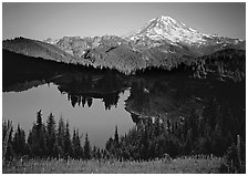 Eunice Lake seen from above with Mt Rainier behind, afternoon. Mount Rainier National Park, Washington, USA. (black and white)