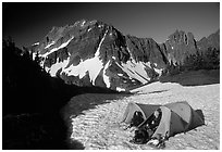 Camping on neve below Sahale Peak, North Cascades National Park.  ( black and white)