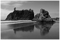 Sea stacks reflected on wet beach, Ruby Beach. Olympic National Park ( black and white)