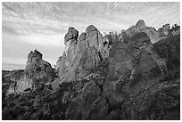 Rock towers above Juniper Canyon, late afternoon. Pinnacles National Park ( black and white)